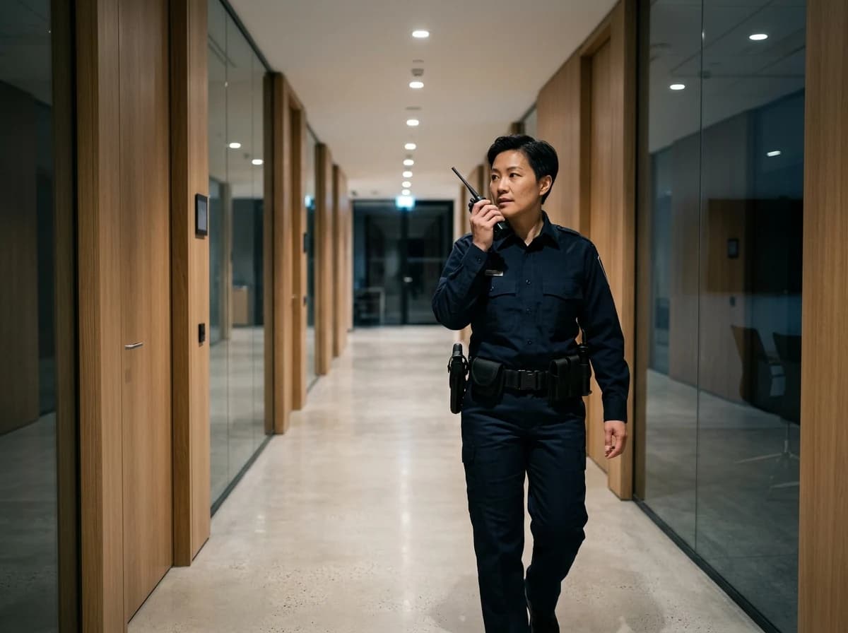 A security guard in professional uniform, holding a radio, walking purposefully through a quiet, well-lit corporate office hallway during a night patrol.