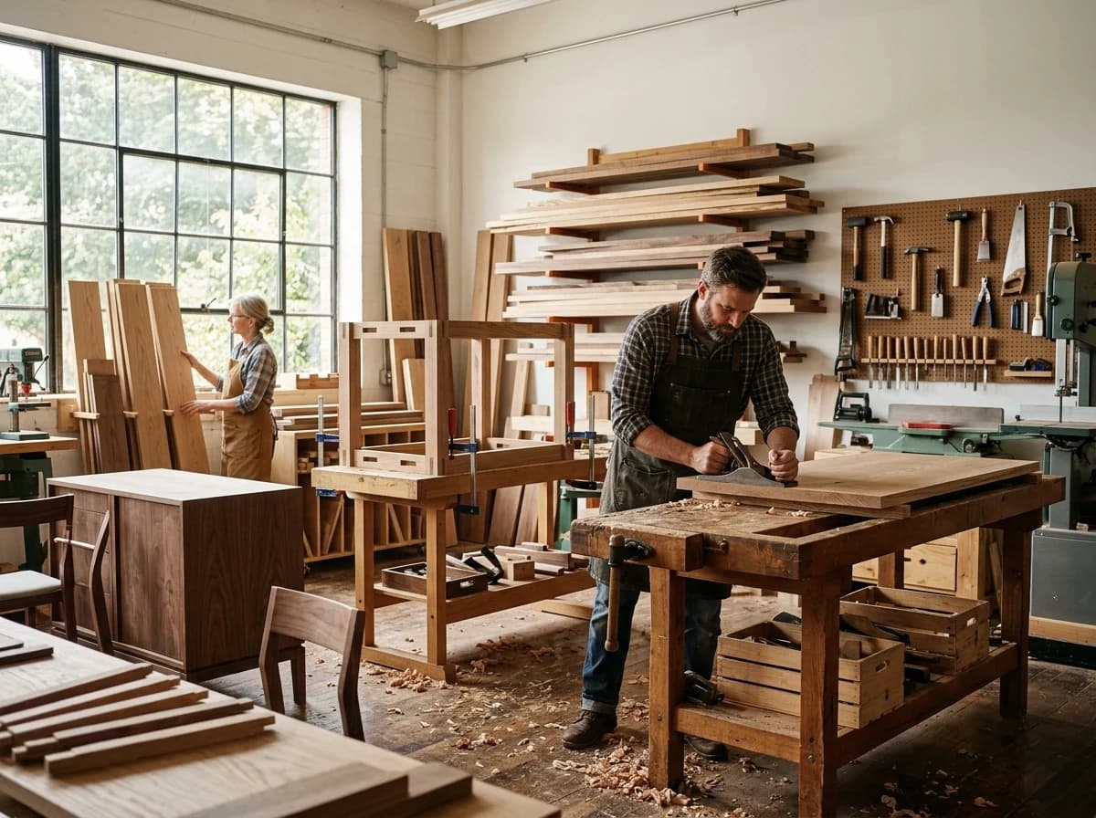 A well-organized custom furniture maker's workshop with various woodworking tools and materials.