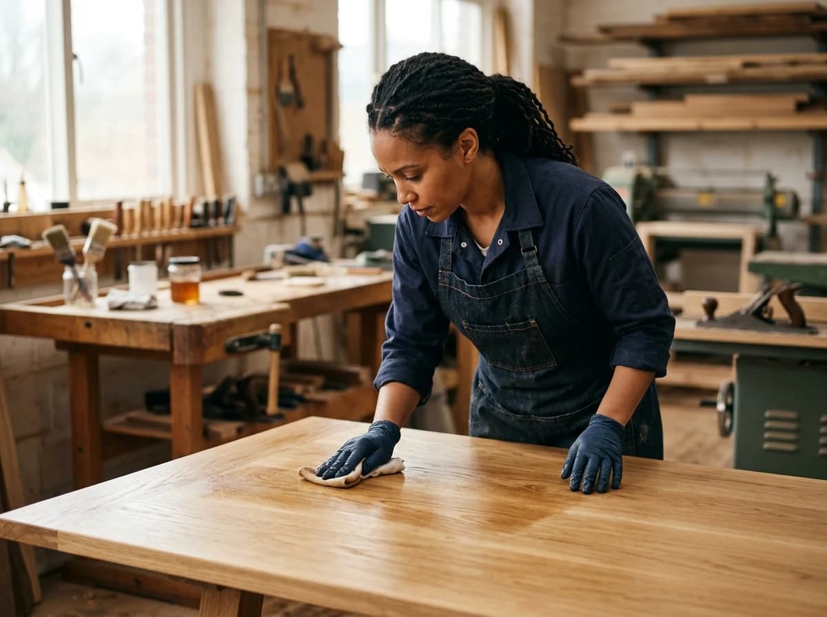 A skilled furniture maker meticulously applying a finish to a beautiful wooden dining table.