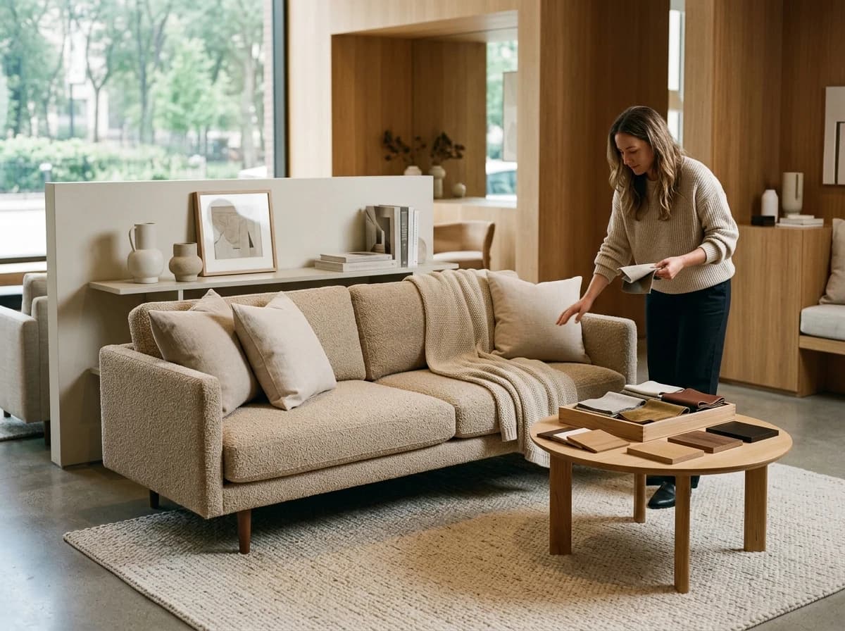 A tastefully arranged modern furniture showroom displaying a sofa with fabric swatches.
