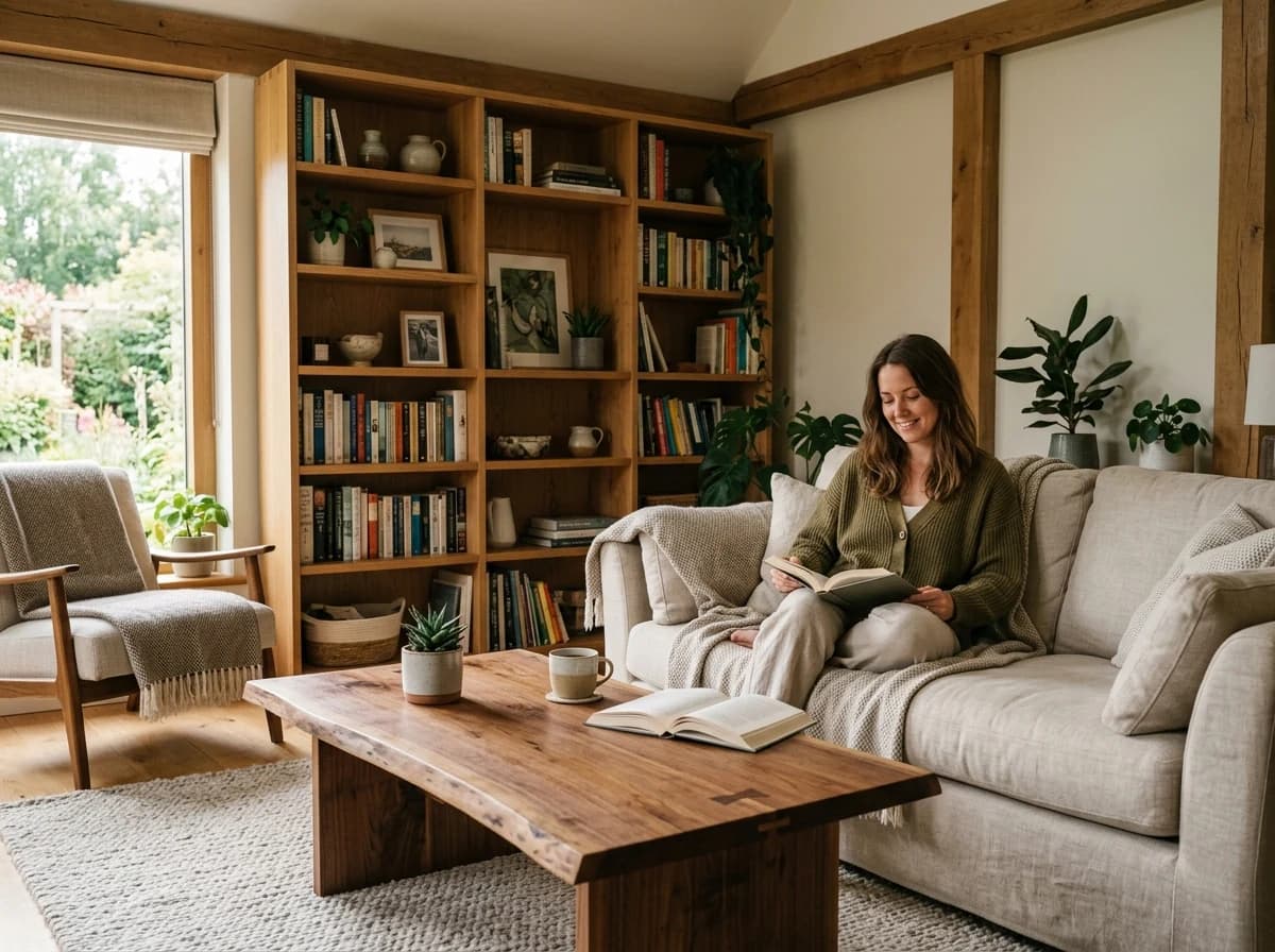 A warm and inviting living room featuring custom-made wooden furniture and soft textiles.