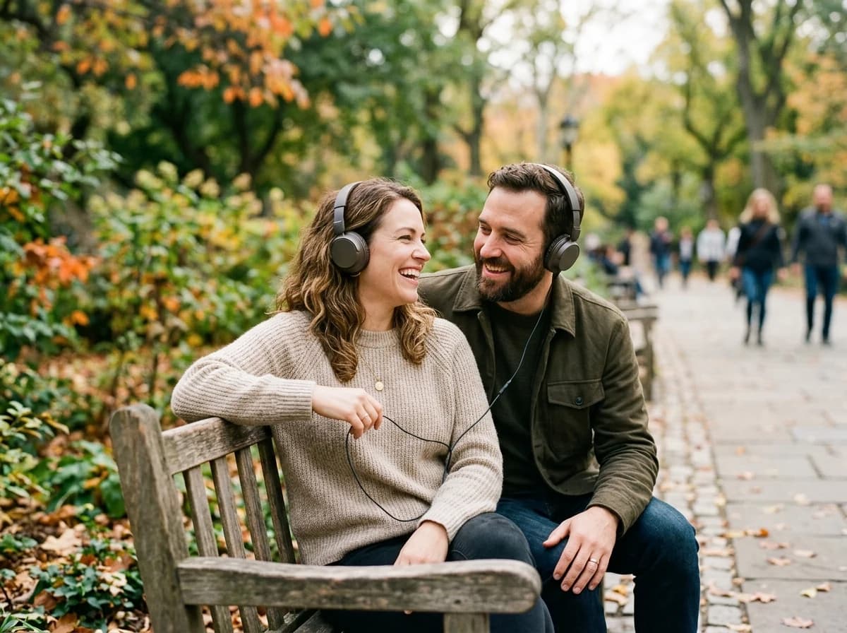 Two adults sharing headphones, smiling and enjoying music in a relaxed, comfortable setting, like a cafe or park bench.