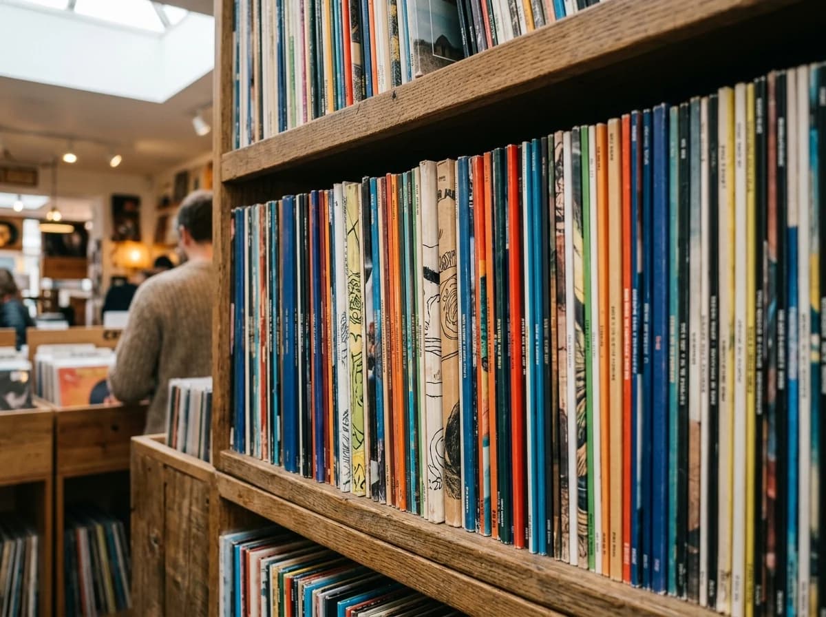 A close-up of a neatly organized shelf in an independent record store, filled with various vinyl records, some visible covers featuring diverse artwork.
