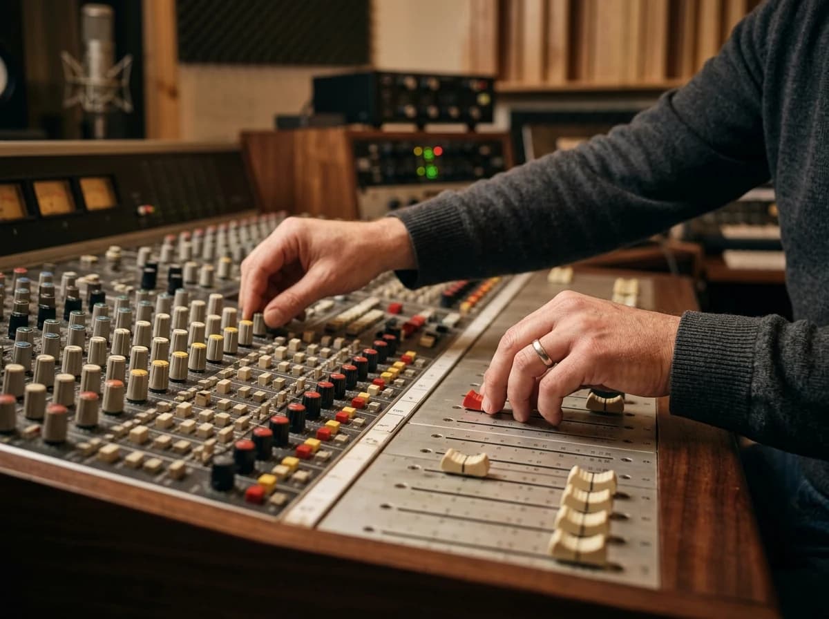 A musician's hands on a studio mixing console, adjusting faders and knobs, with warm ambient lighting in a professional recording studio.