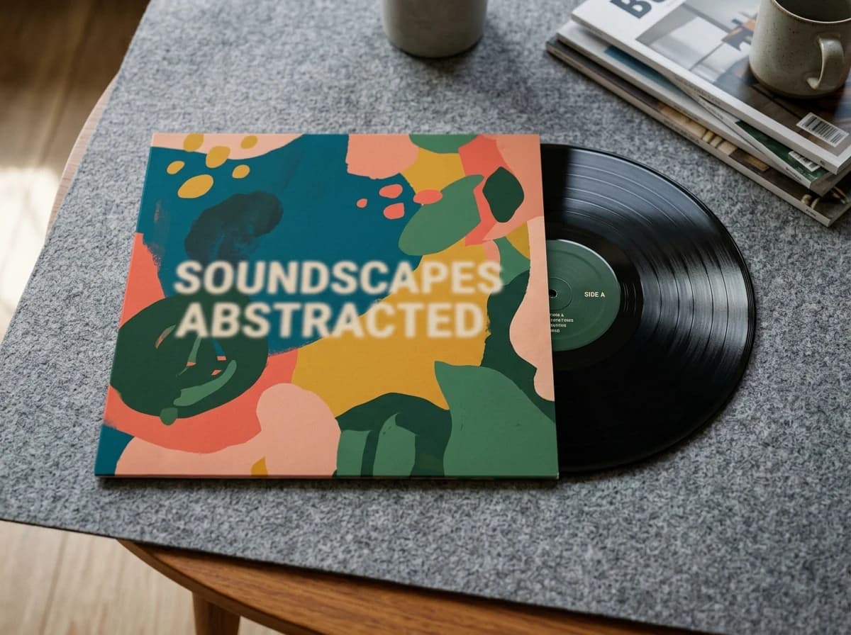 A beautifully designed, unbranded vinyl record cover lying flat, showcasing unique abstract artwork and a single vinyl record partially slipped out.