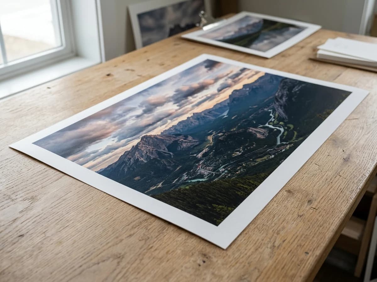 Close-up of a high-quality, large format fine art landscape print, showcasing rich colors and texture on matte paper.