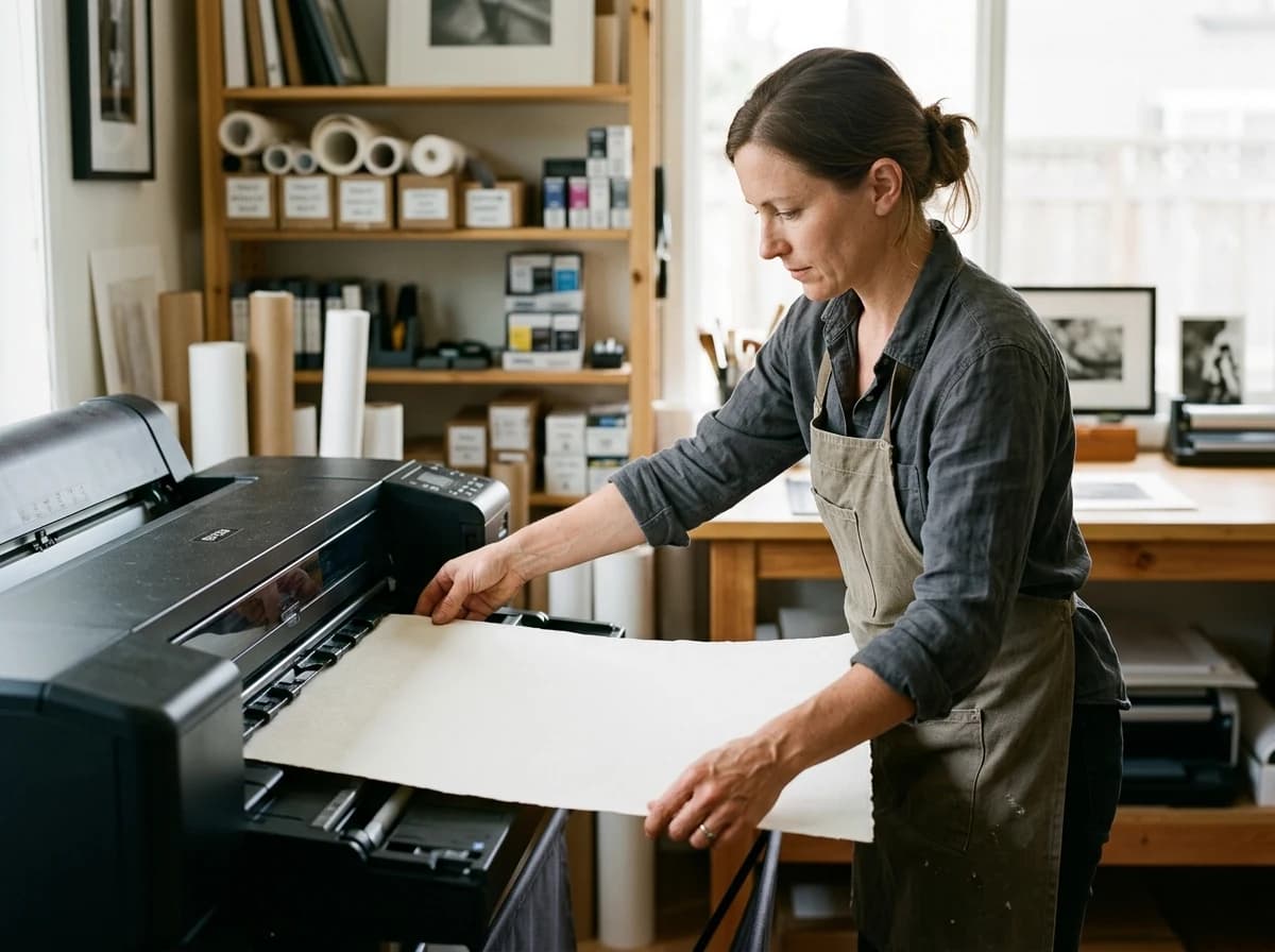 Photographer carefully feeding a large sheet of fine art paper into a professional wide-format inkjet printer.
