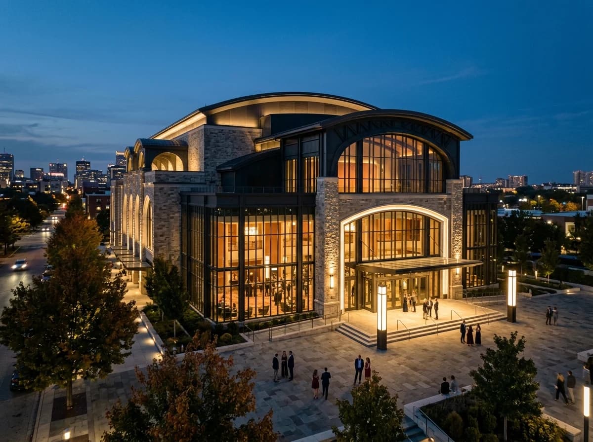 Establishing shot of a historic concert hall or arena exterior at dusk with lights on.