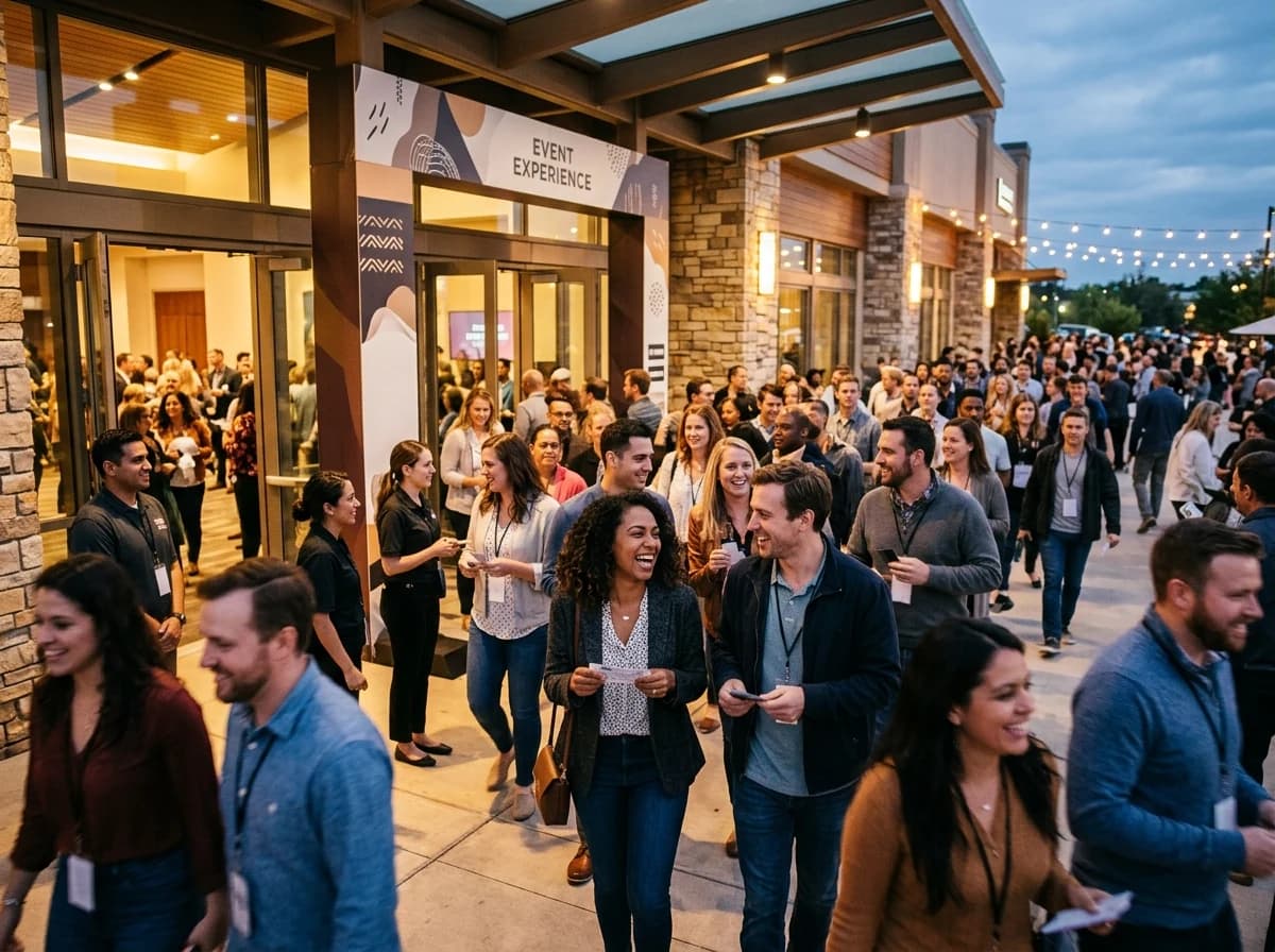 Lively crowd of adults entering a large event venue, showing anticipation and excitement.