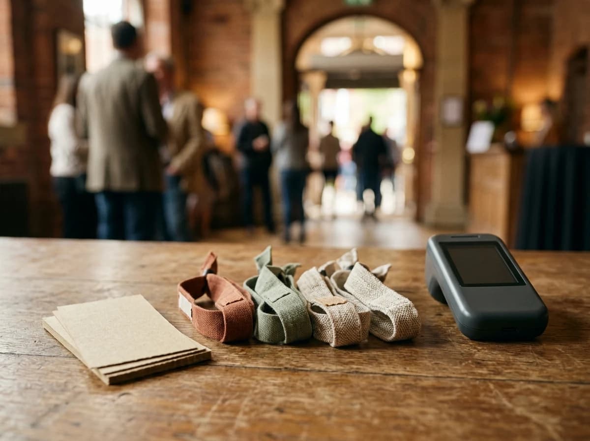 Colorful unbranded fabric admission wristbands and plain ticket stubs arranged on a venue check-in table.