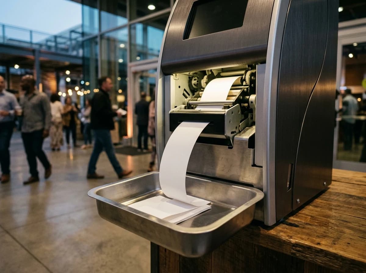 Close-up of an automated ticket printer machine dispensing blank event tickets.