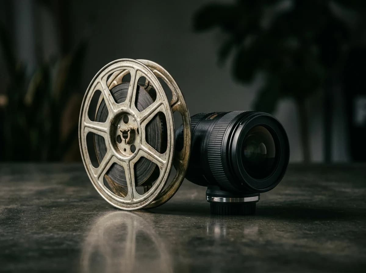 A still life arrangement of a vintage film reel and a modern camera lens, symbolizing video content and quality.