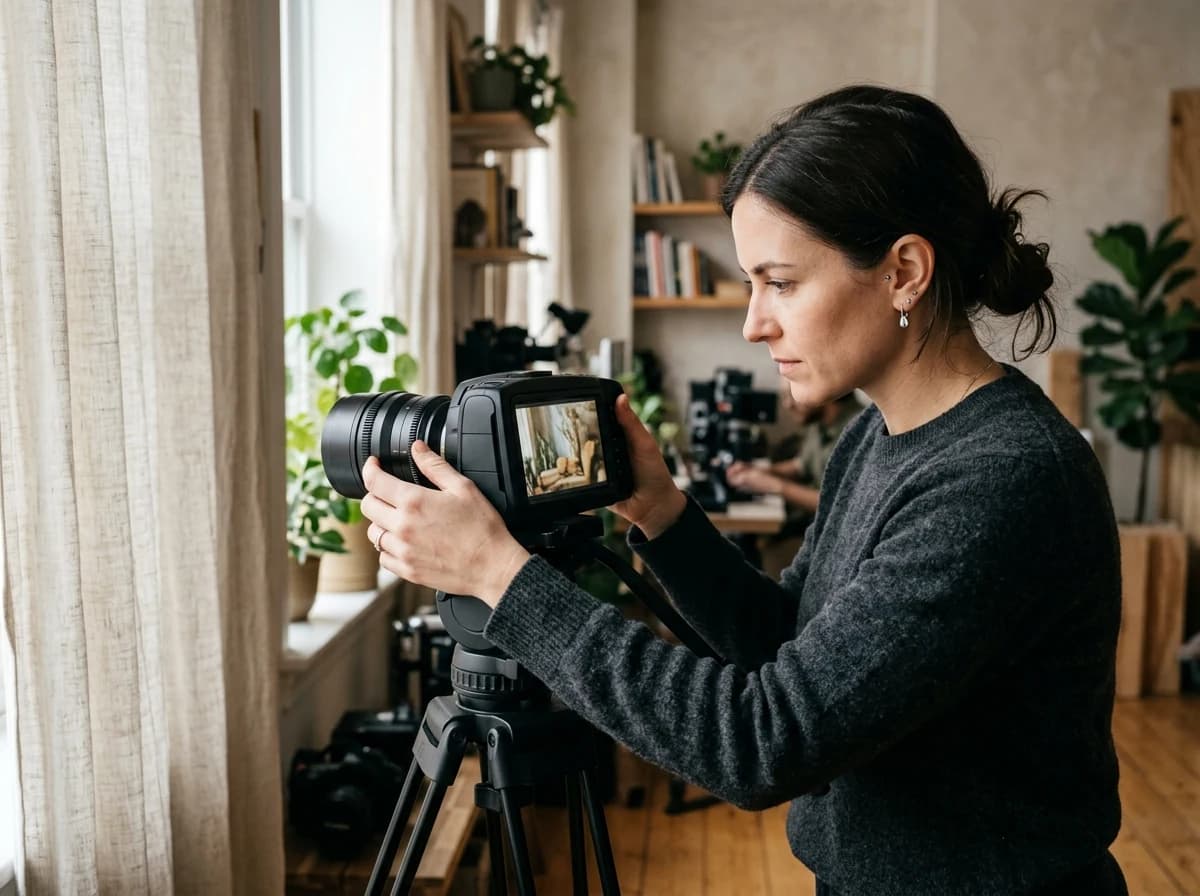 Filmmaker adjusting an unbranded camera lens on a tripod in a softly lit studio