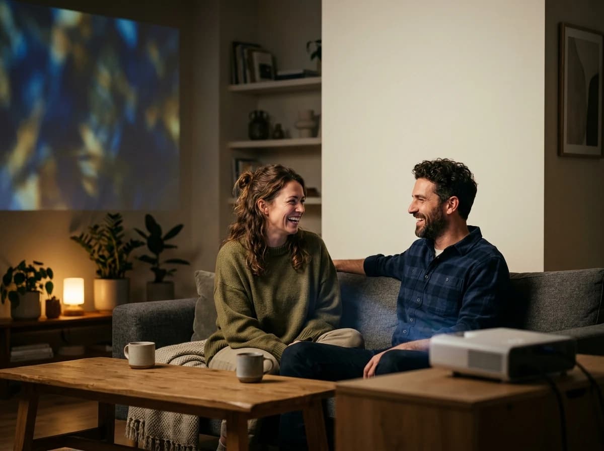 Two friends, an adult male and female, laughing and enjoying a projected video on a wall in a comfortable, dimly lit room.