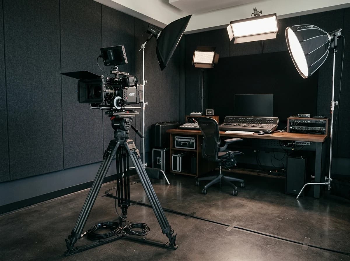 An empty, professional video editing suite with acoustic paneling, studio lights, and a high-end camera rig in the foreground.