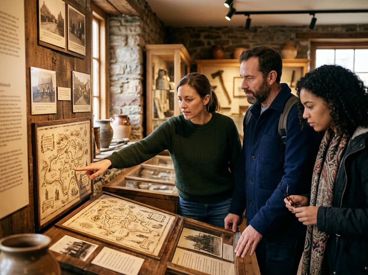 A small group of adult visitors deeply engaged with an interactive exhibit or historical display.