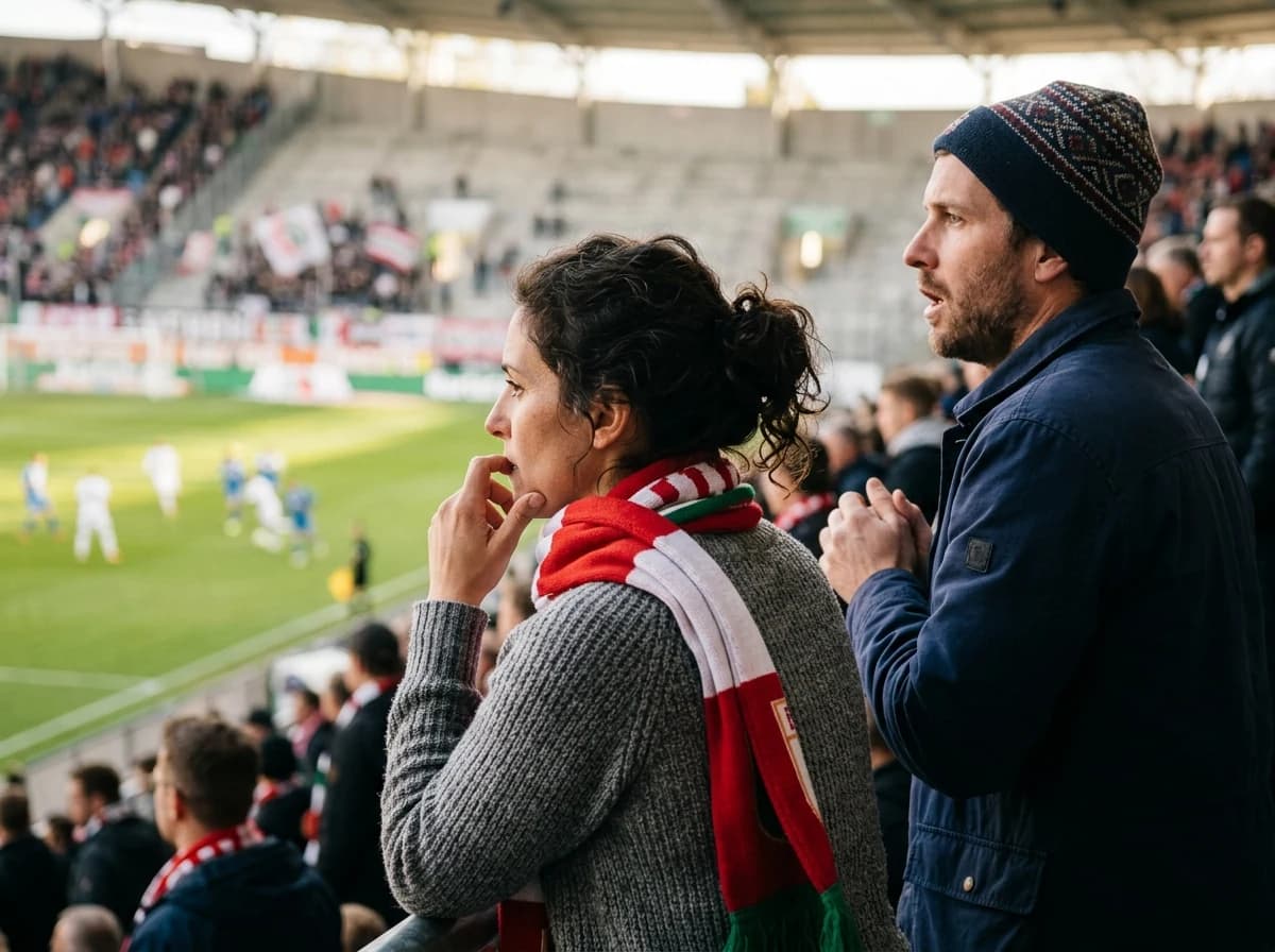 Two adult soccer fans, one wearing a team scarf, watching a game intently from the stands.