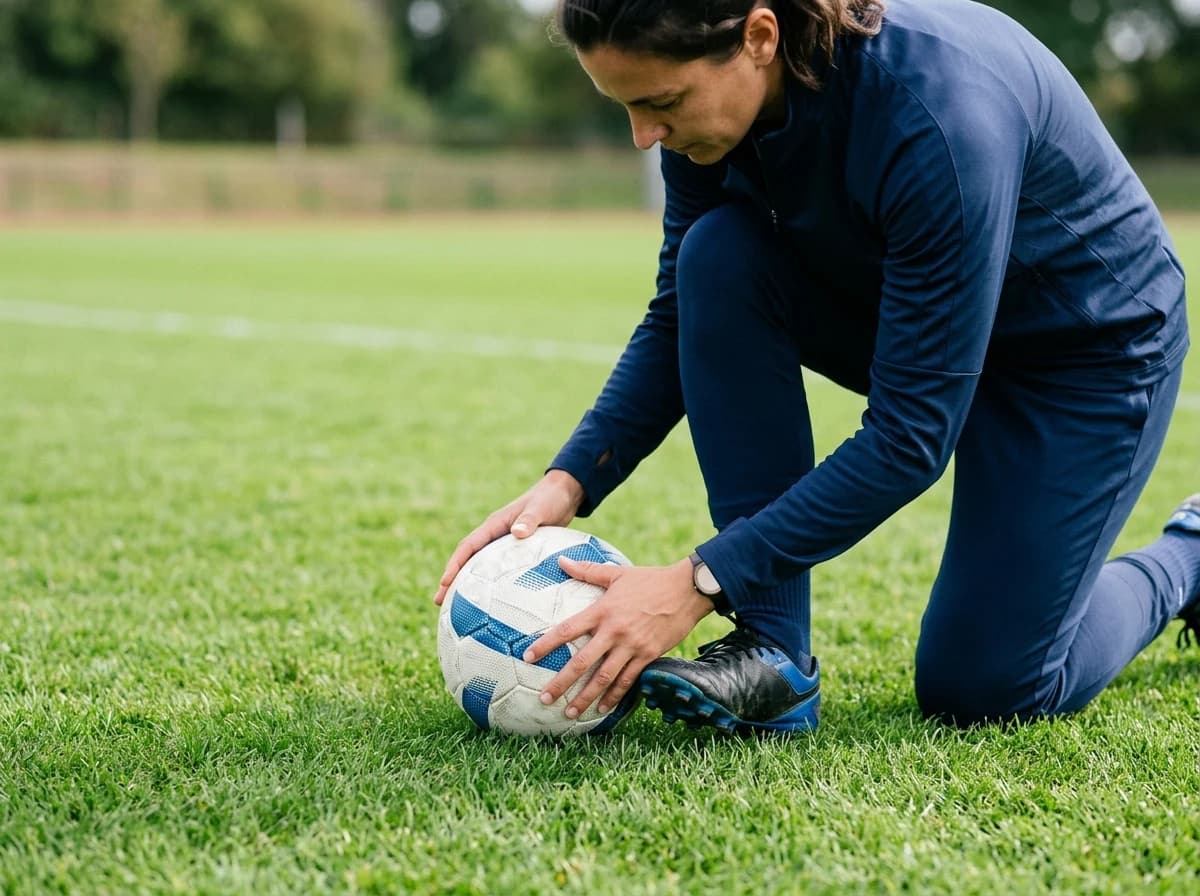 Adult soccer coach demonstrating a footwork technique with a soccer ball on a field.