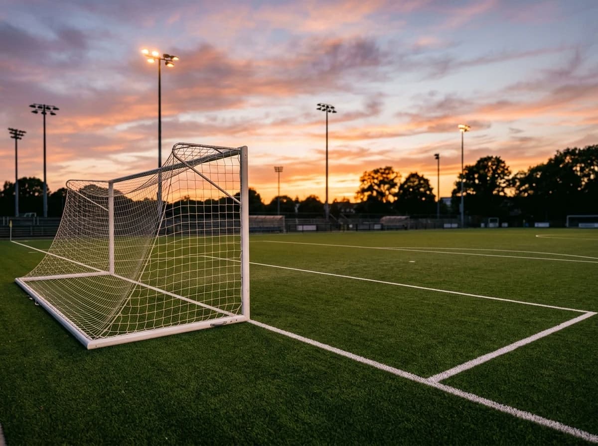 Empty artificial turf soccer field at golden hour, goal in foreground, stadium lights silhouetted against a colorful sunset sky.
