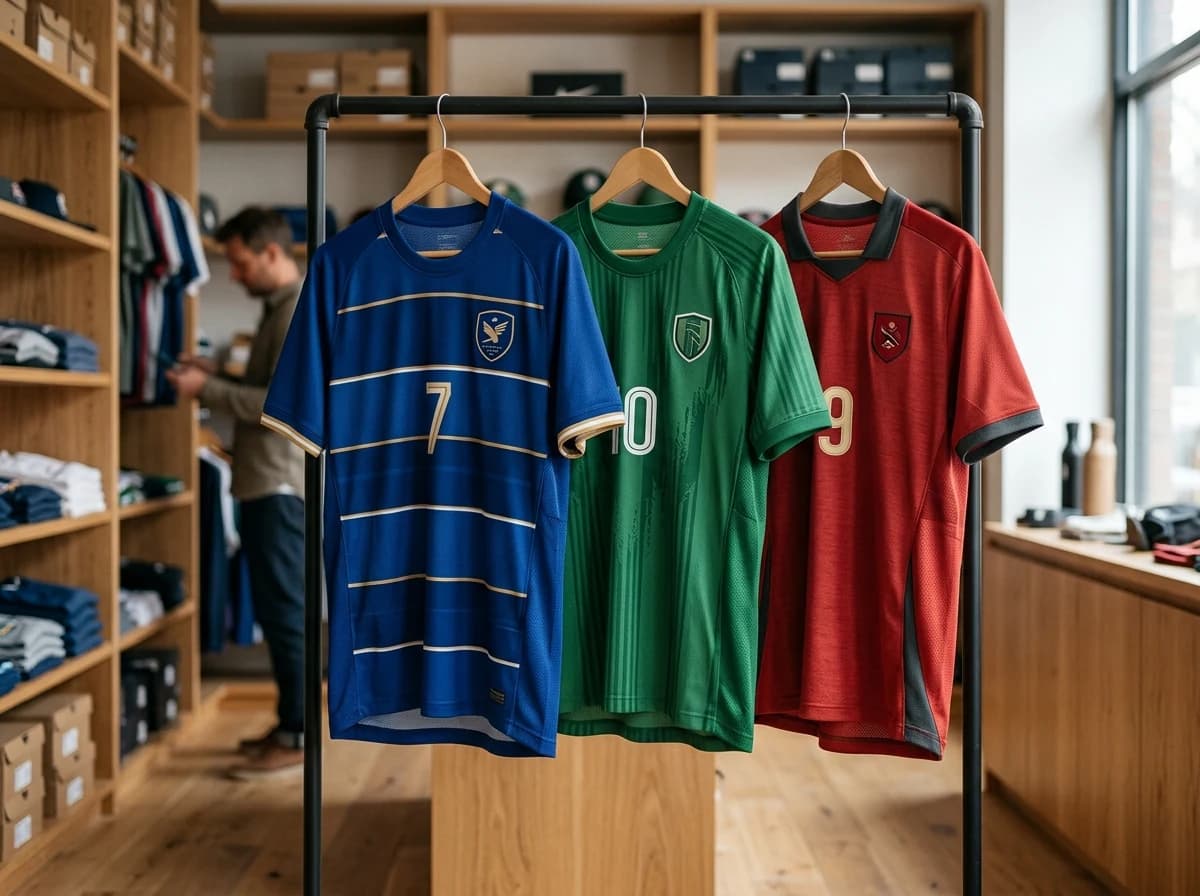 Three soccer jerseys on hangers, neatly displayed in a pro shop setting.