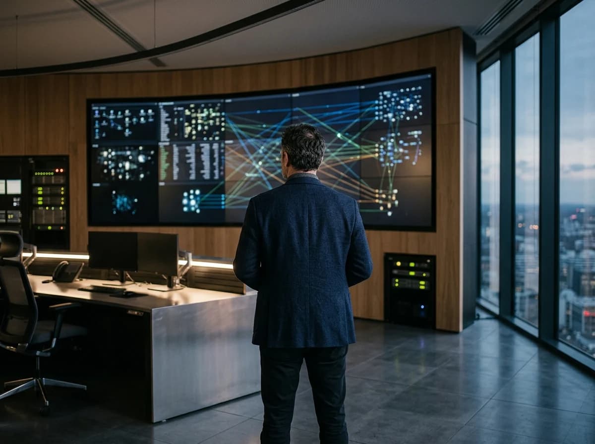 Adult looking at multiple large monitors in a control room, showing abstract data visualizations.
