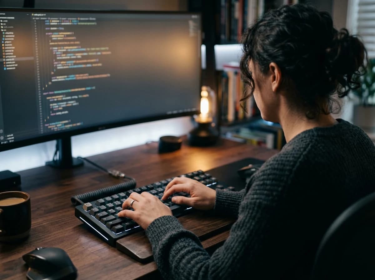Close up of a programmer's hands on a mechanical keyboard, code editor visible.