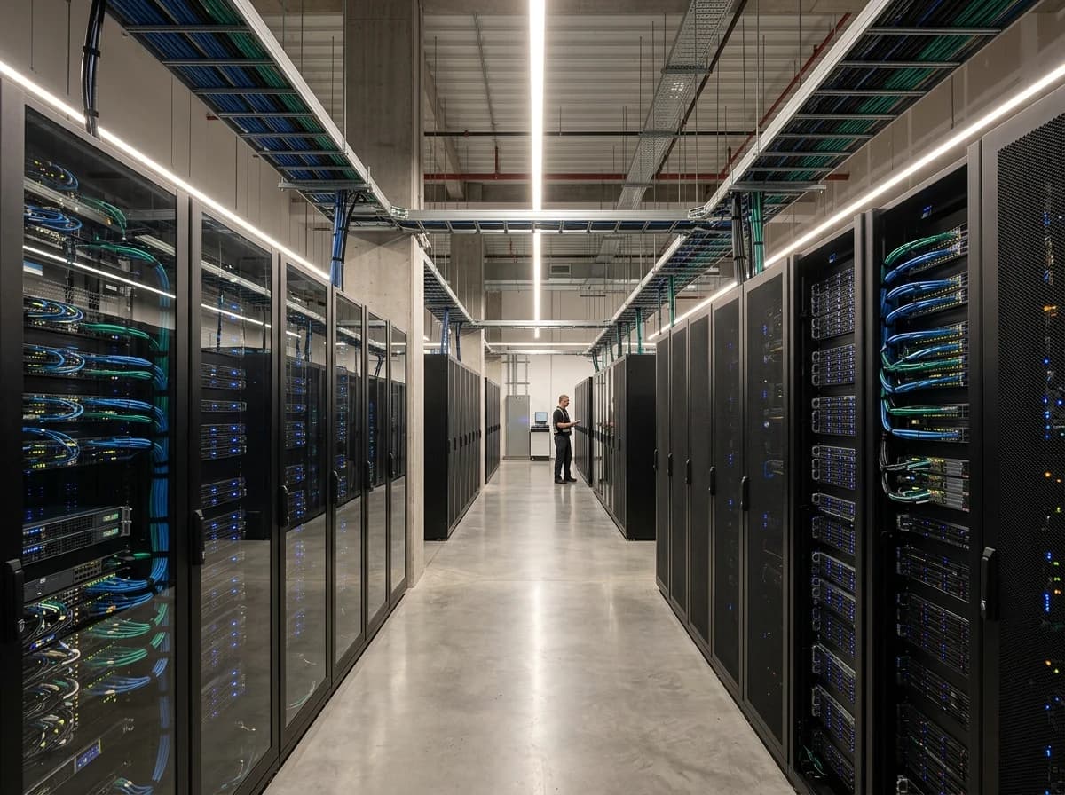 Wide shot of a modern, well-organized server room with blinking lights and cable runs.