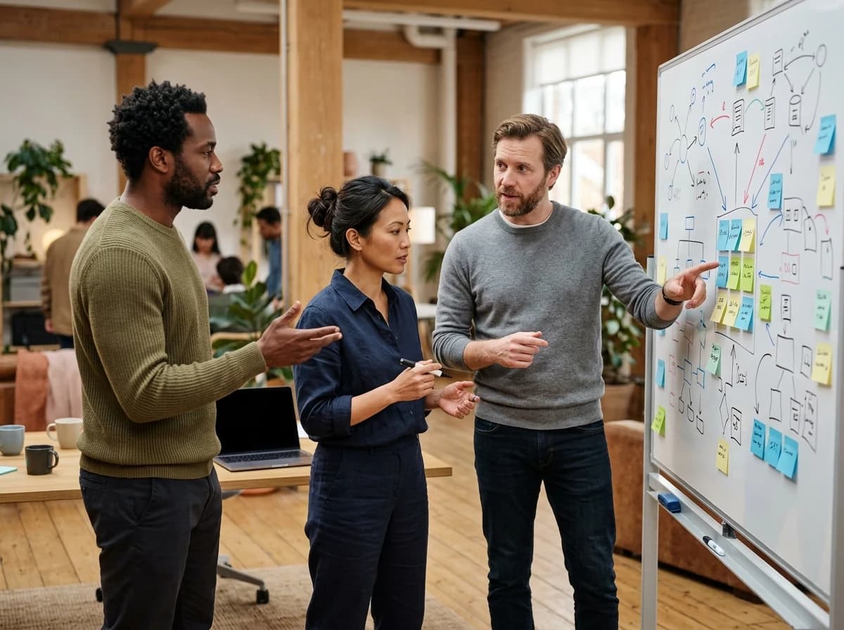 Three diverse adults collaborating around a whiteboard with diagrams and sticky notes.