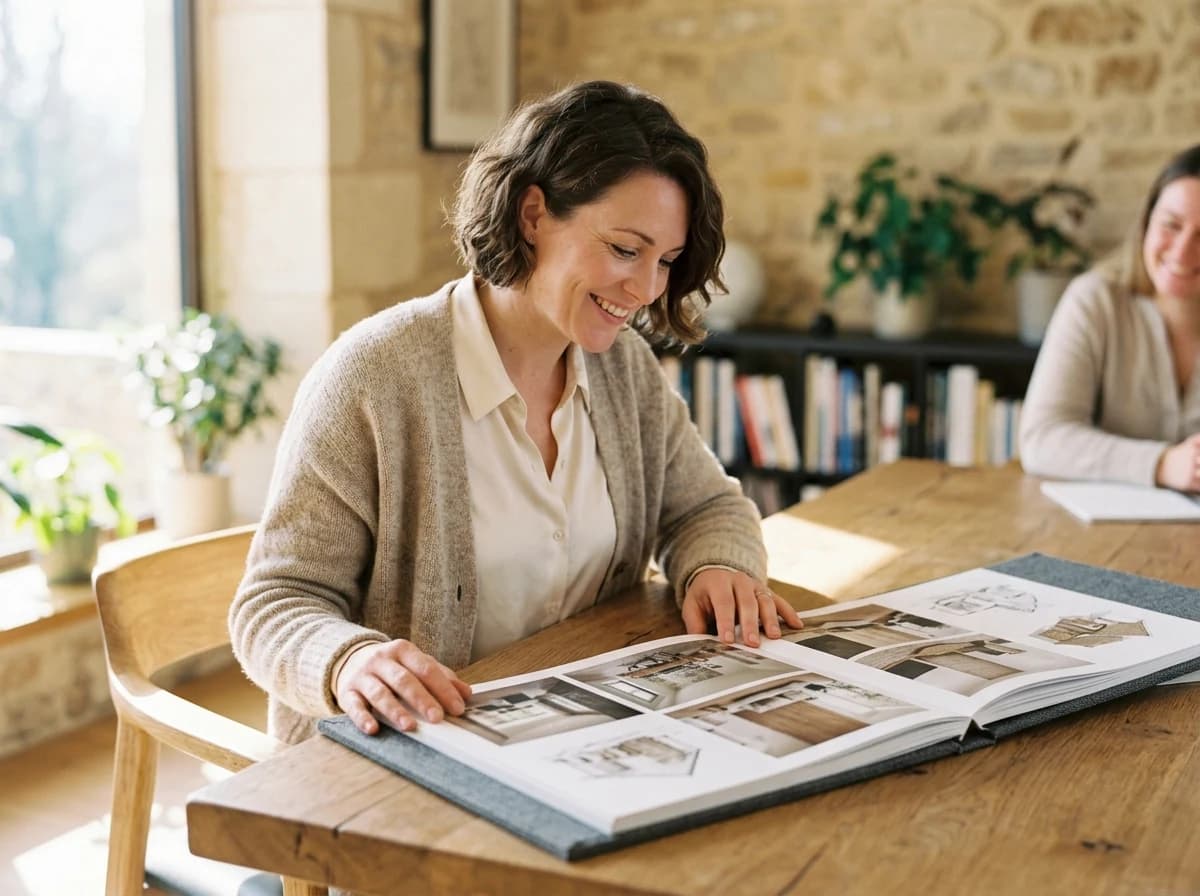 Satisfied adult client reviewing a physical project blueprint or design plan with pride.