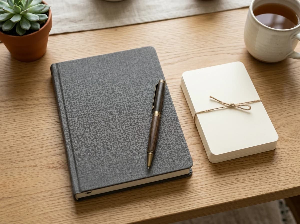 Arrangement of coaching materials: workbook, pen, and blank cards on a clean desk.