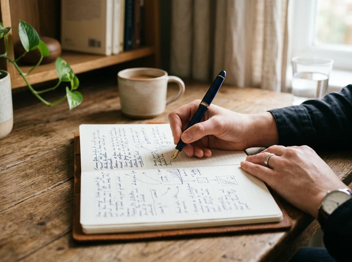 Close-up of an adult hand writing thoughtful notes in an open notebook with a pen.
