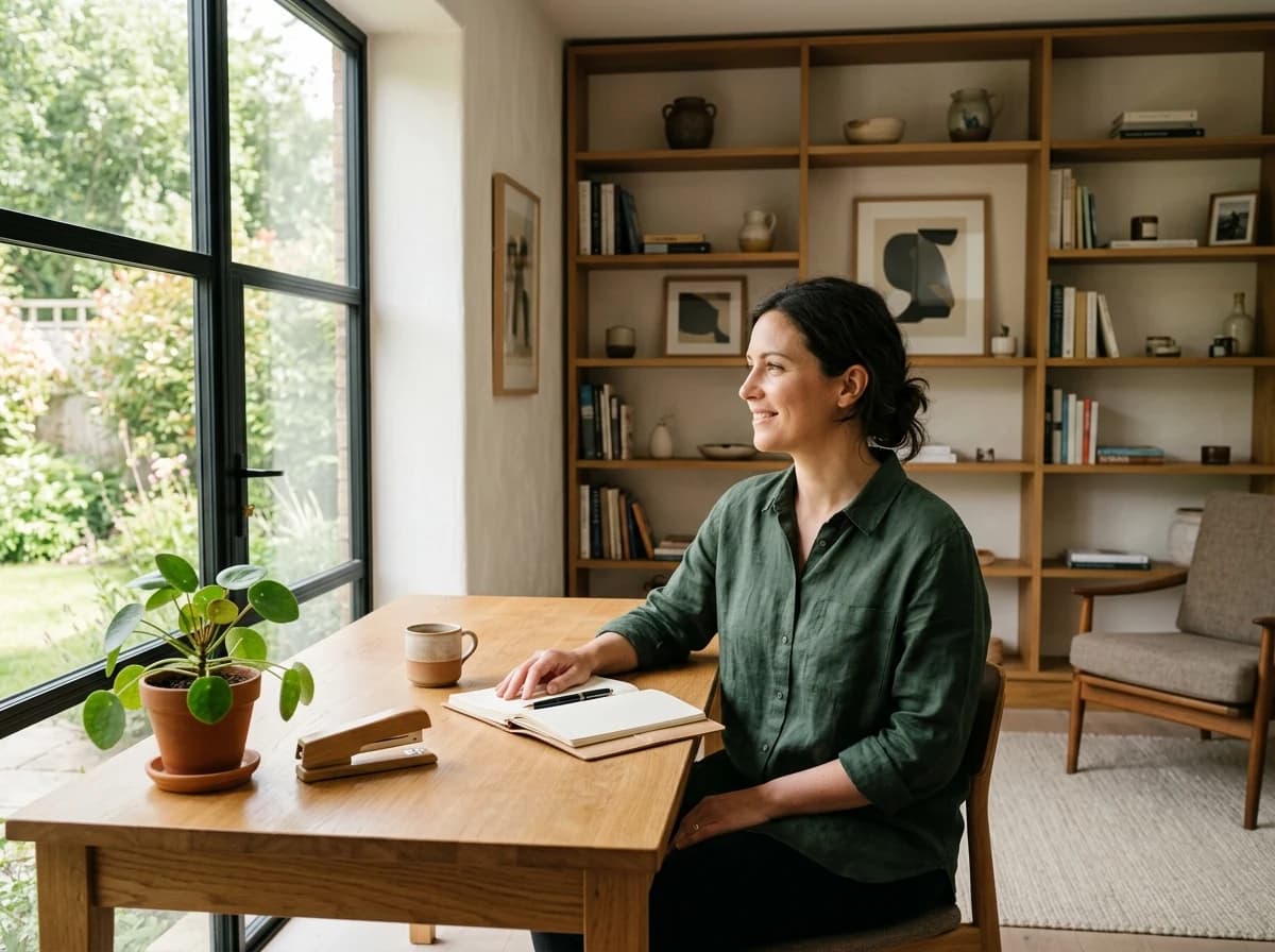 Warm, minimalist home office with natural light, desk, and a few creative tools.