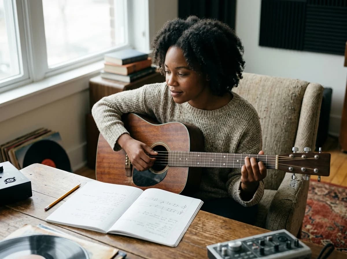 A songwriter focused on composing a melody on an acoustic guitar with sheet music.