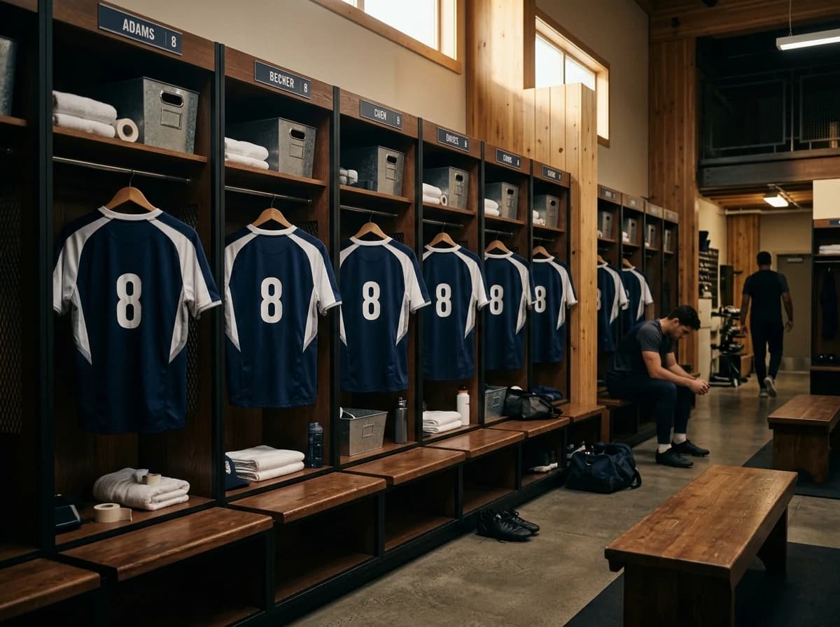 A row of clean, generic sports jerseys hanging neatly in an empty locker room.