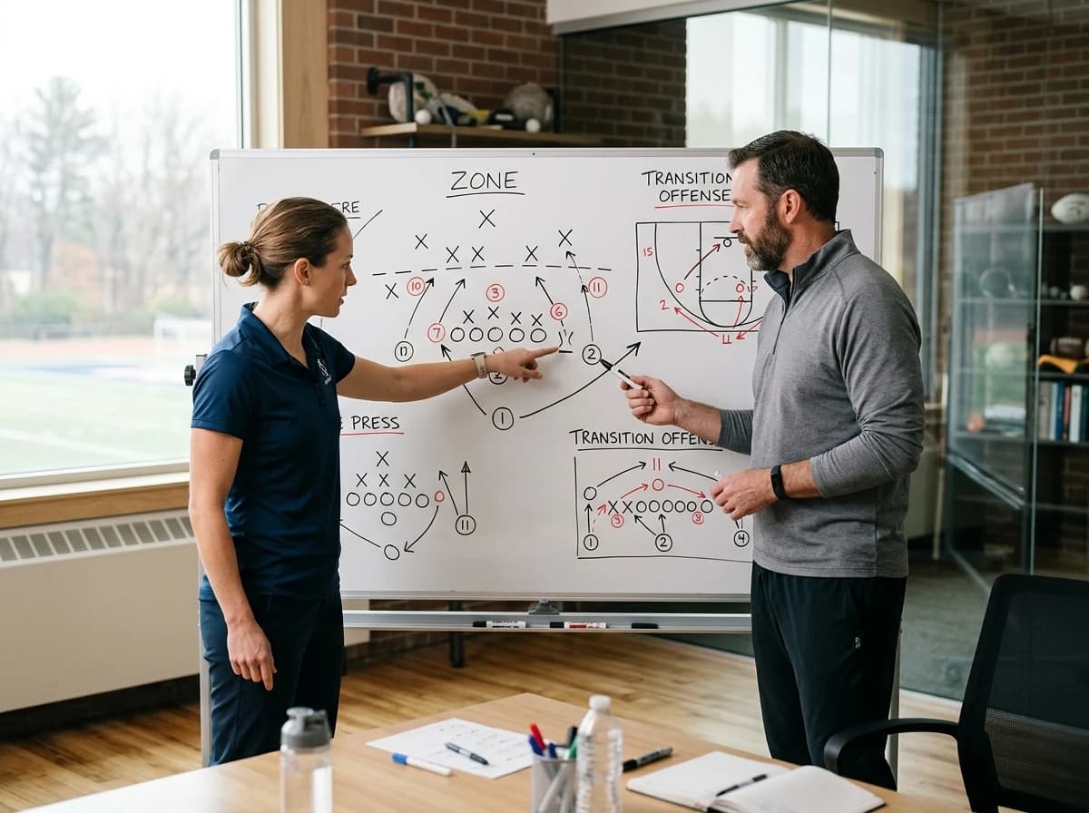 Two adult coaches, a man and woman, discussing game strategy on a whiteboard with diagrams.