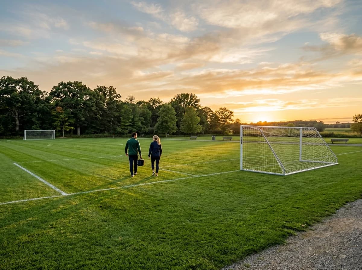 A well-maintained community sports field with soccer goals, ready for youth league play.