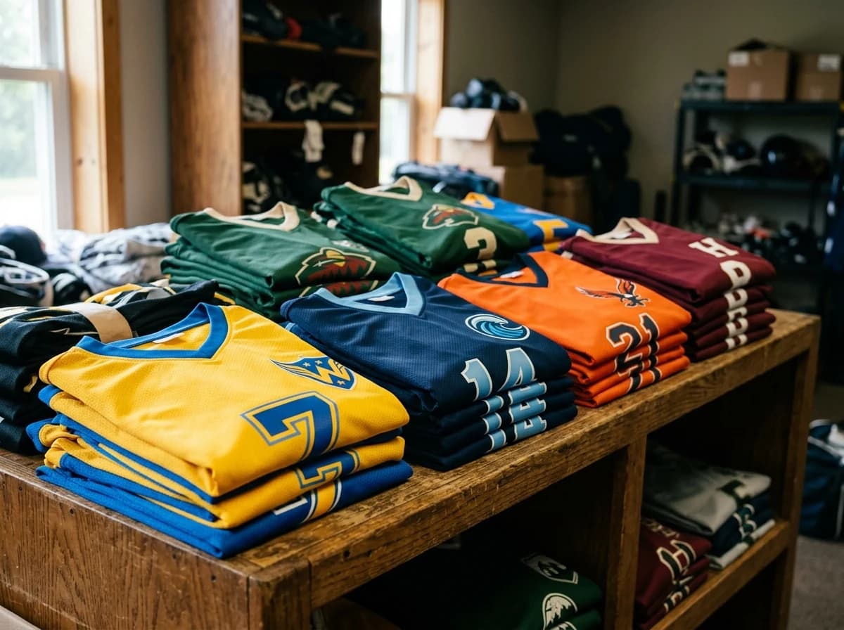 A rack of neatly folded, colorful youth sports team jerseys with fictional logos.