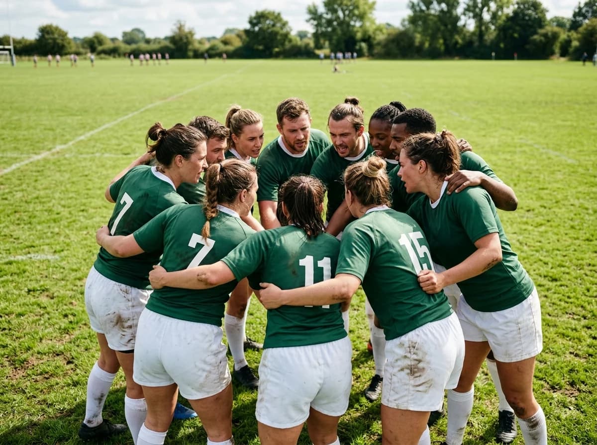 A group of adult athletes, wearing unbranded team uniforms, huddling together on a green sports field during a break, their faces showing focused determination and camaraderie. Captures a moment of shared experience.