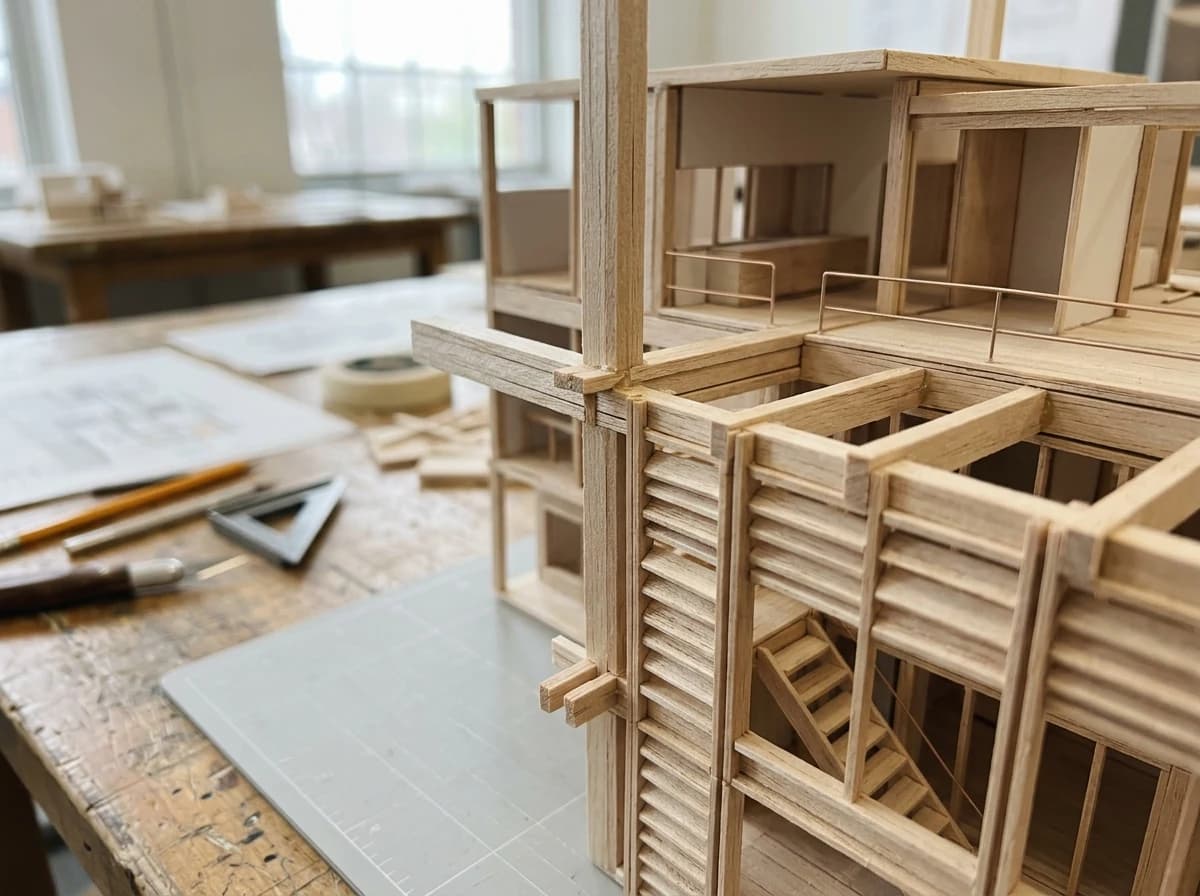 Close-up of a detailed, intricate architectural student model, showcasing design skill.