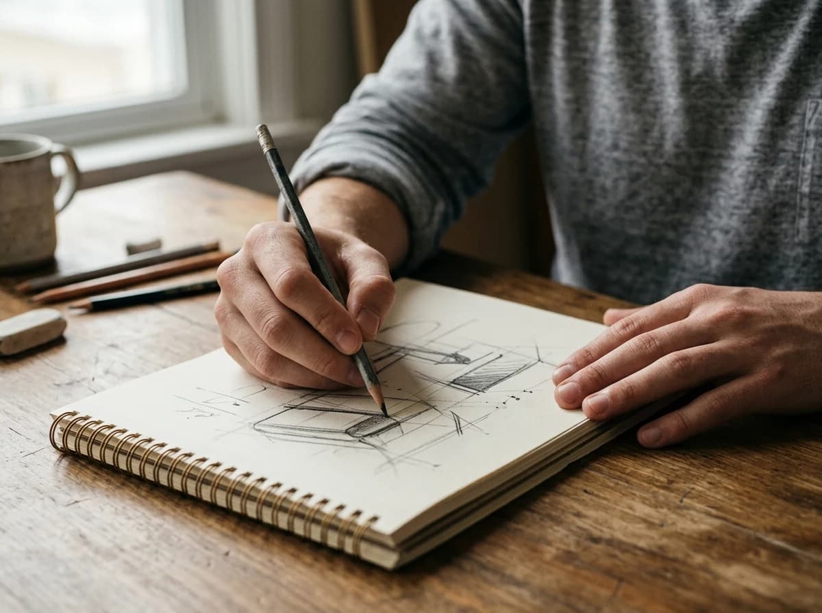 Student's hands sketching a design concept in a notebook, focused and thoughtful.