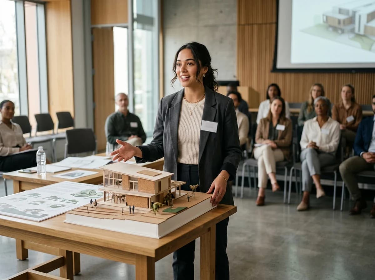 Student confidently presenting a physical project to an unseen panel, proud expression.