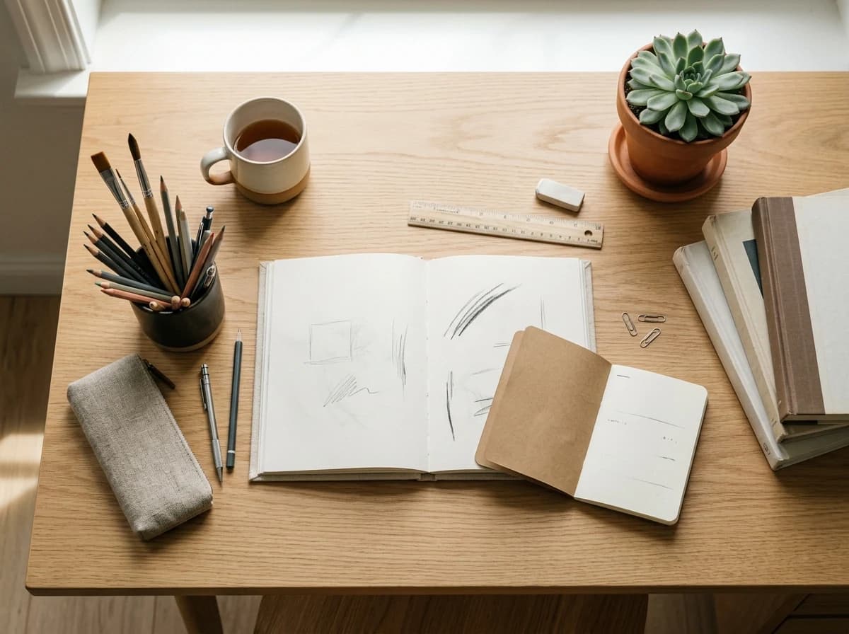 Tidy student workspace with art supplies, notebooks, and a plant, ready for creativity.