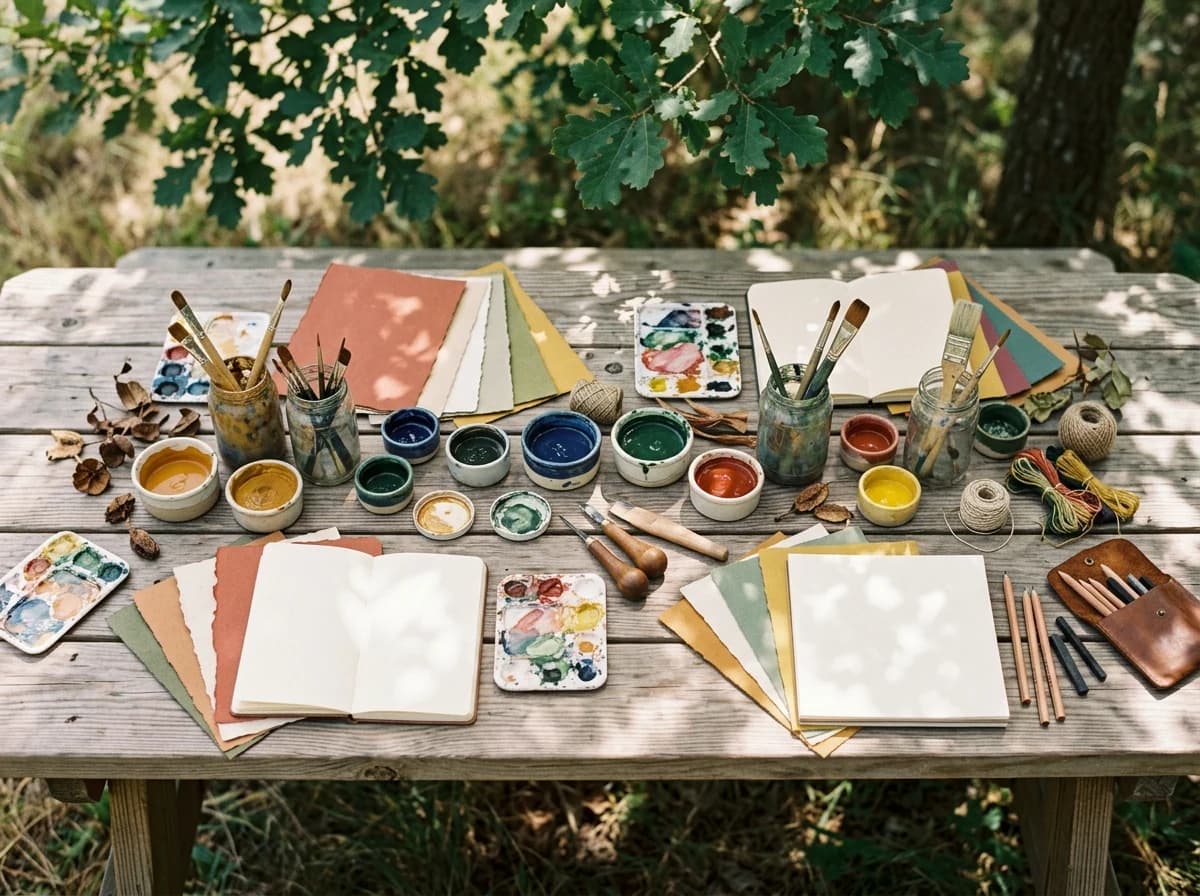 Colorful art supplies on a wooden picnic table, ready for crafting.