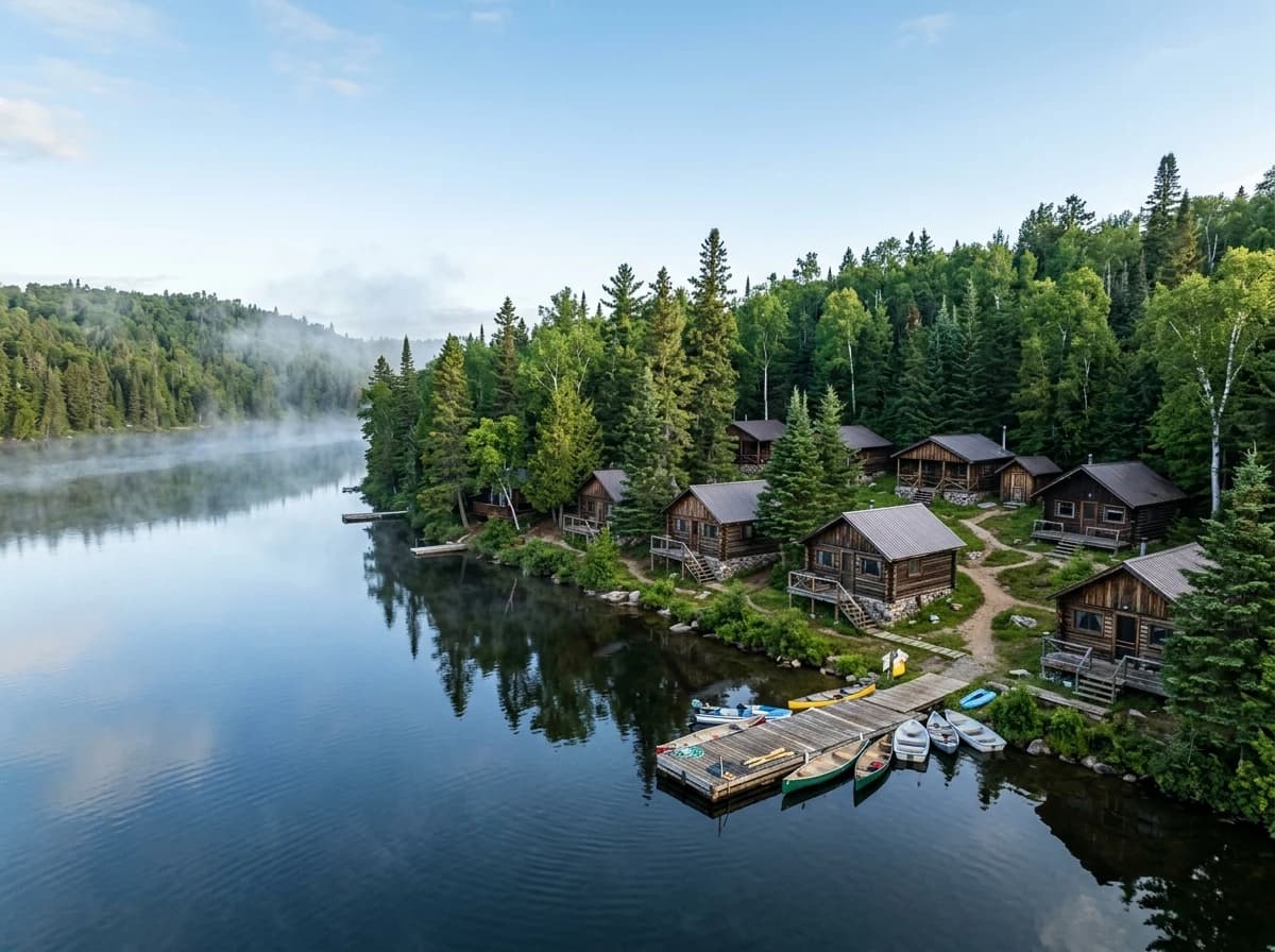 Idyllic wooden cabins nestled by a calm lake with a forest backdrop.