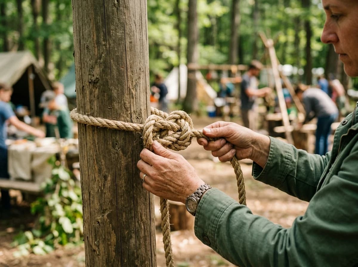 Adult counselor's hands demonstrating a rope knot on a wooden post.