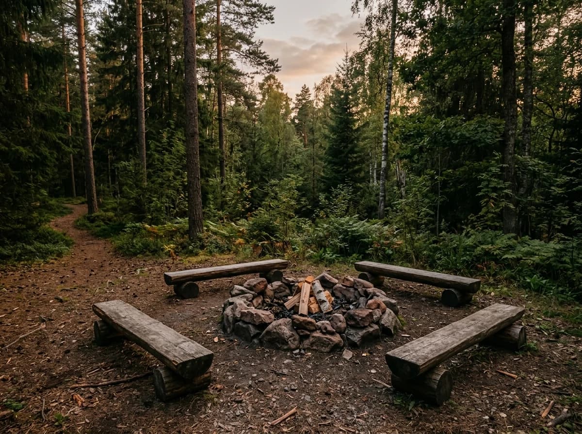 Empty campfire ring surrounded by log seats in a forest clearing at dusk.
