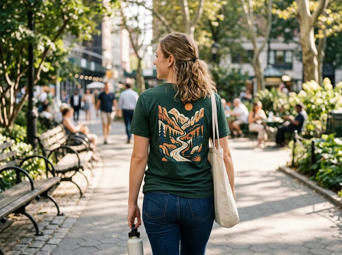 Adult from behind, proudly wearing a custom t-shirt, walking casually outdoors.