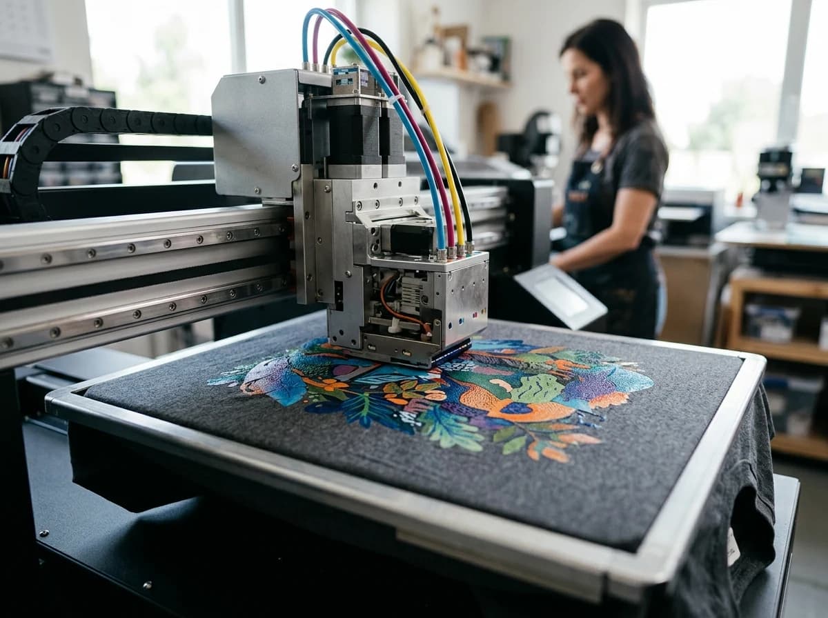 Close-up of a DTG printer applying ink directly onto a t-shirt on a platen.