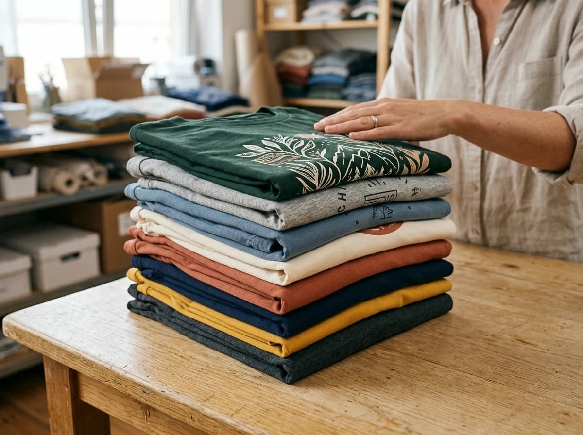 Perfectly folded stack of custom-designed t-shirts in various colors and sizes.