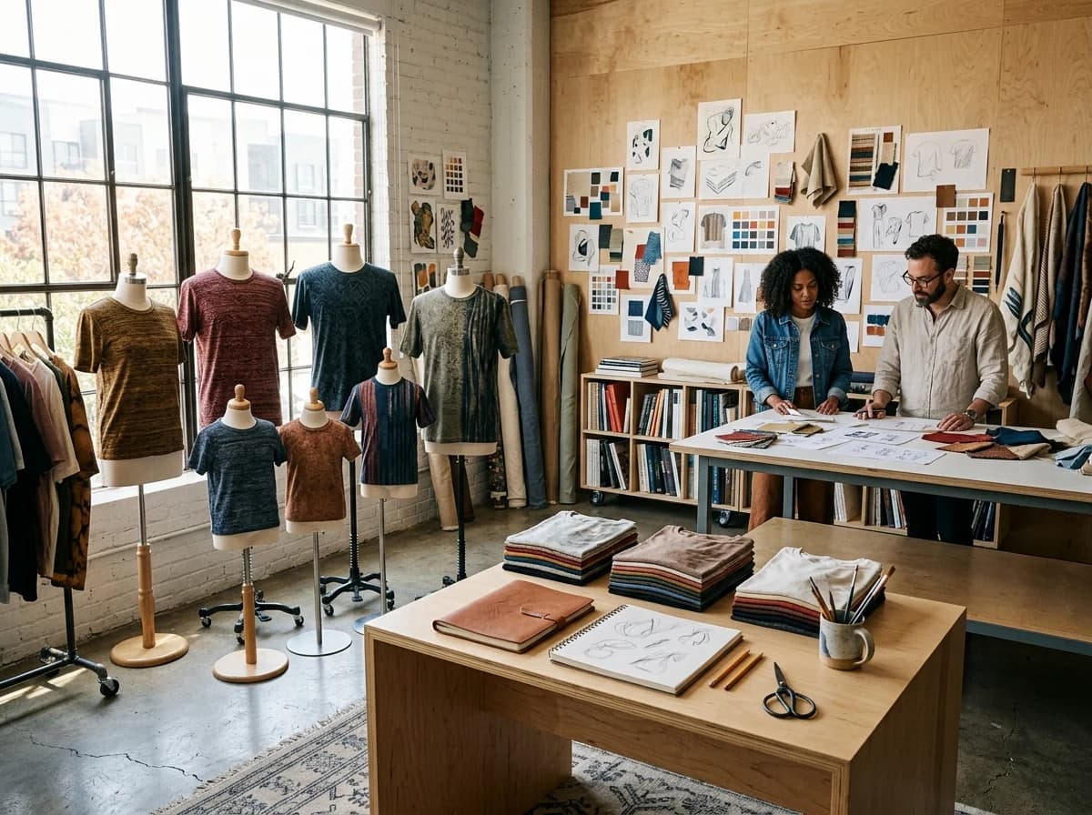 Stylish t-shirt studio with mannequins, design tools, and samples on display.